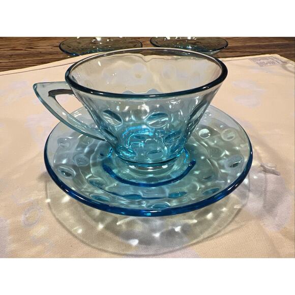 10 Pc 1950s Hazel Atlas Capri Dots Azure Blue Whisky Glasses Cups Saucers Custar - Picture 3 of 15